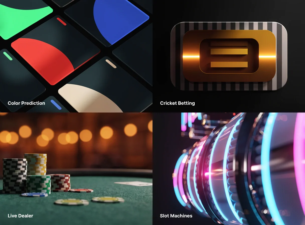 Collage of mobile gaming categories including colour prediction, cricket betting, live dealer, and slots