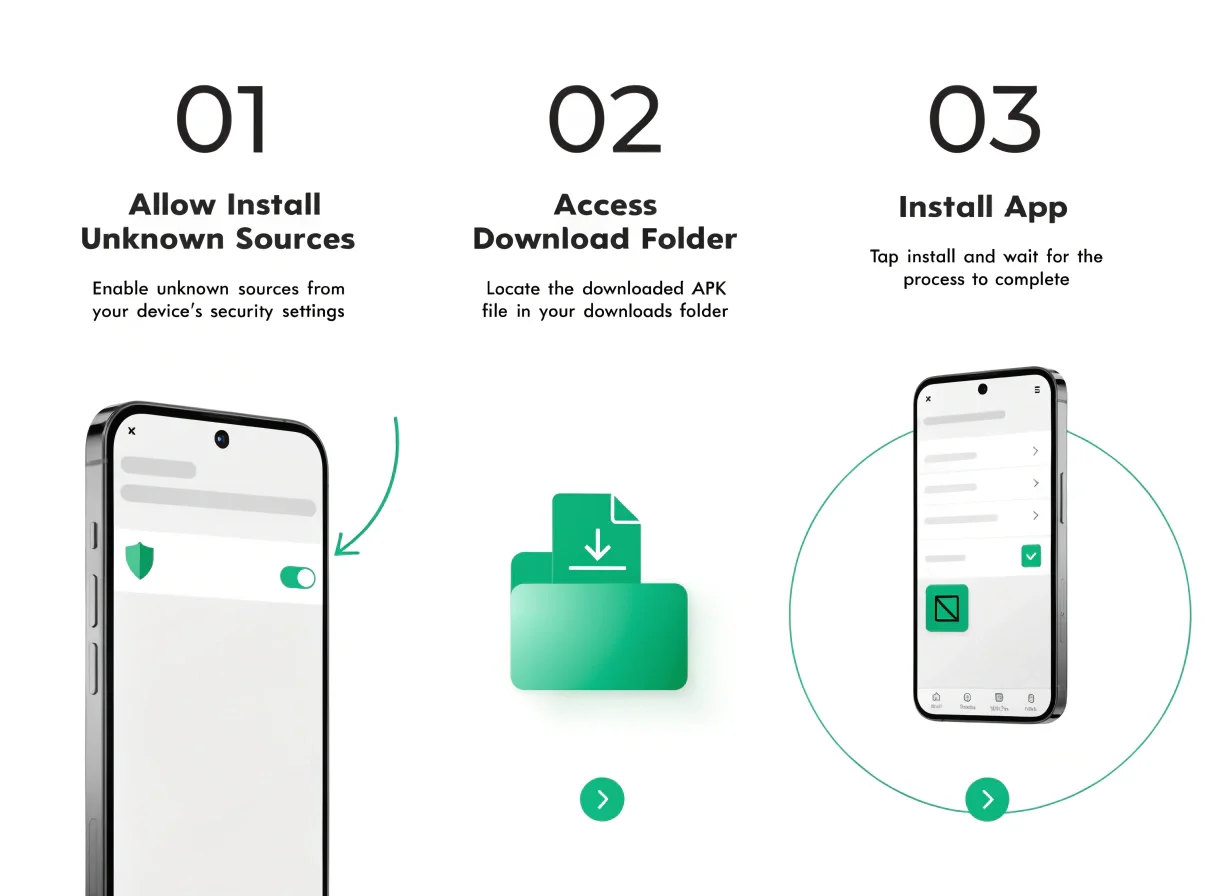 Three-step Android APK installation walkthrough
